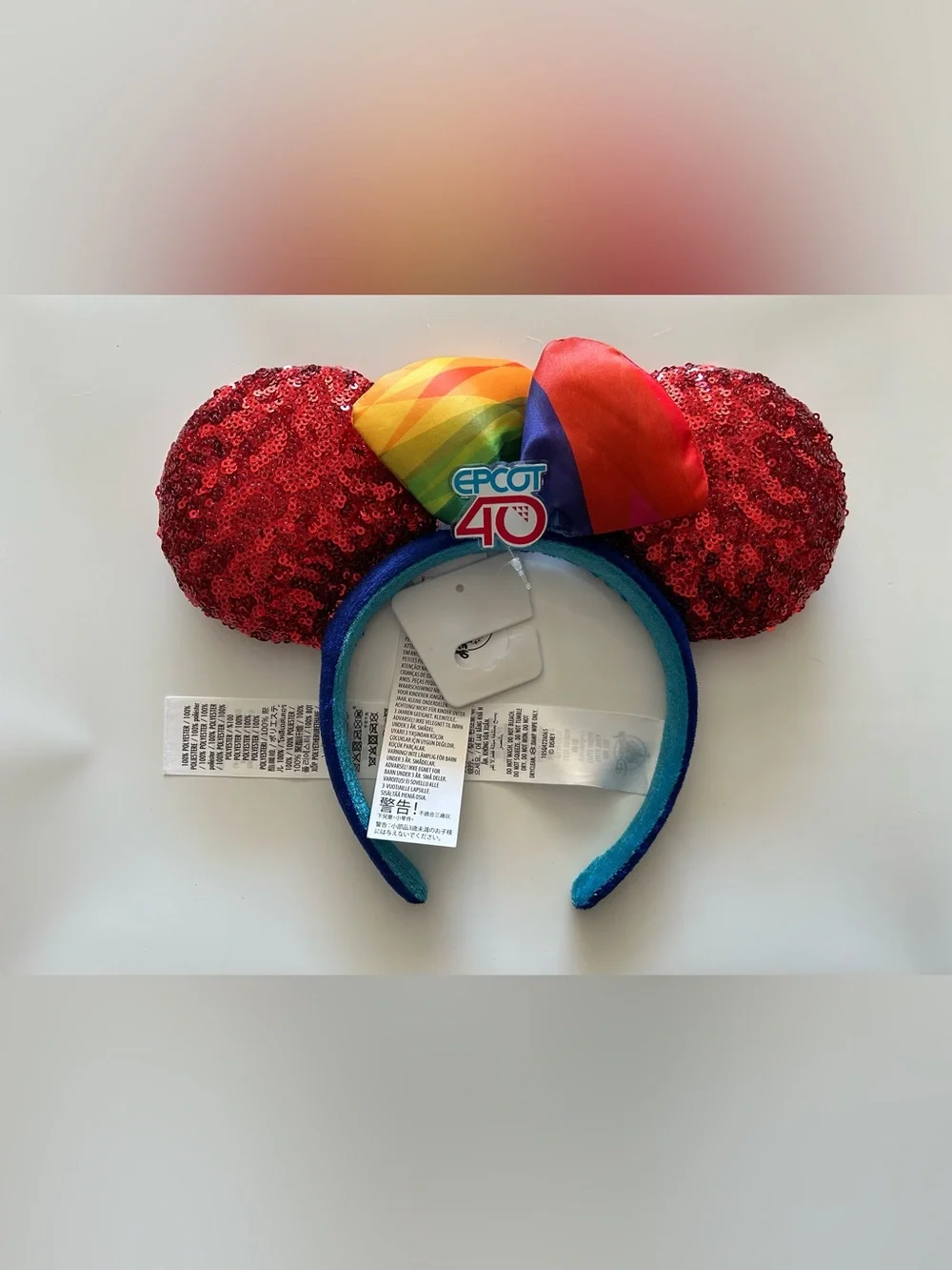 Disney EPCOT 40 Red Sequin Minnie Ears Headband with Rainbow Bow